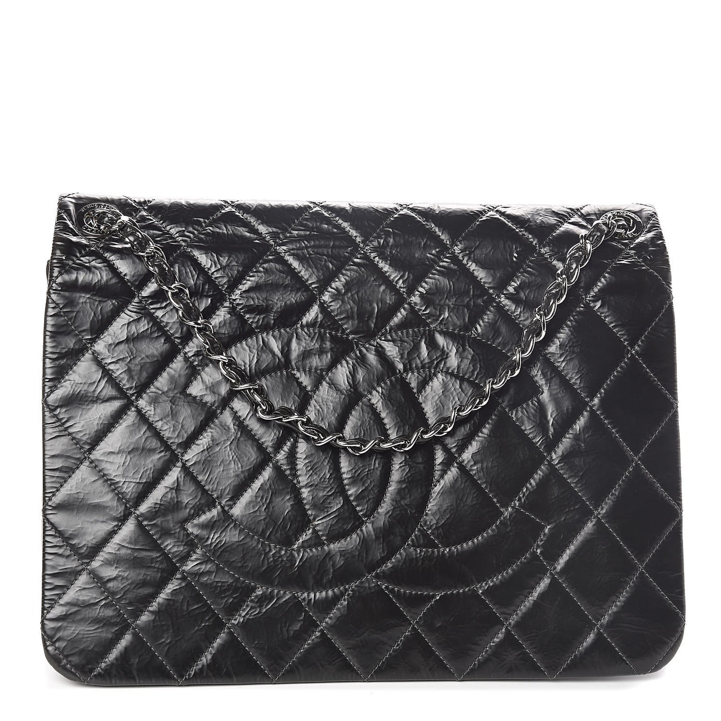 Glazed Calfskin Quilted CC Messenger Bag Black