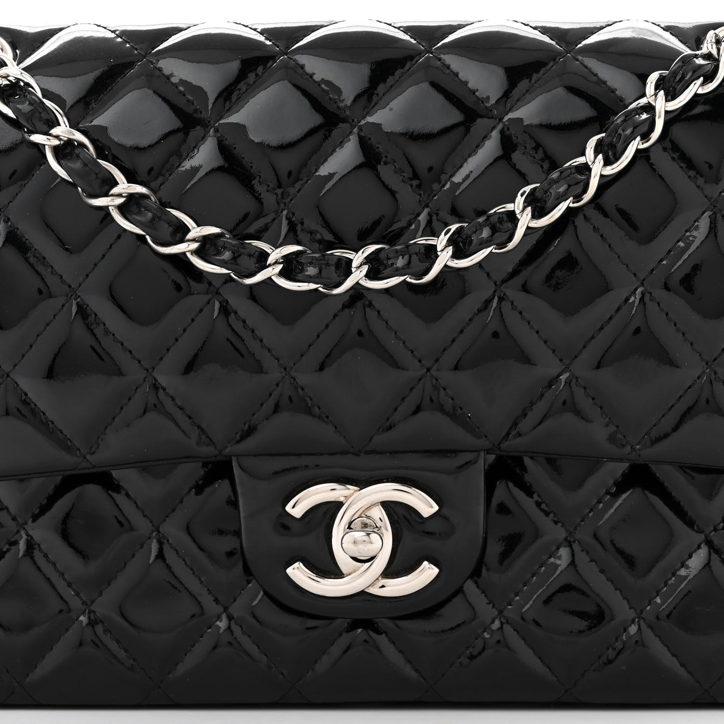 Patent Quilted Medium Double Flap Black