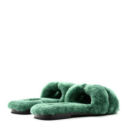 Hermes Woolskin Oran Sandals 37.5 Vert Anglais 5 of 10