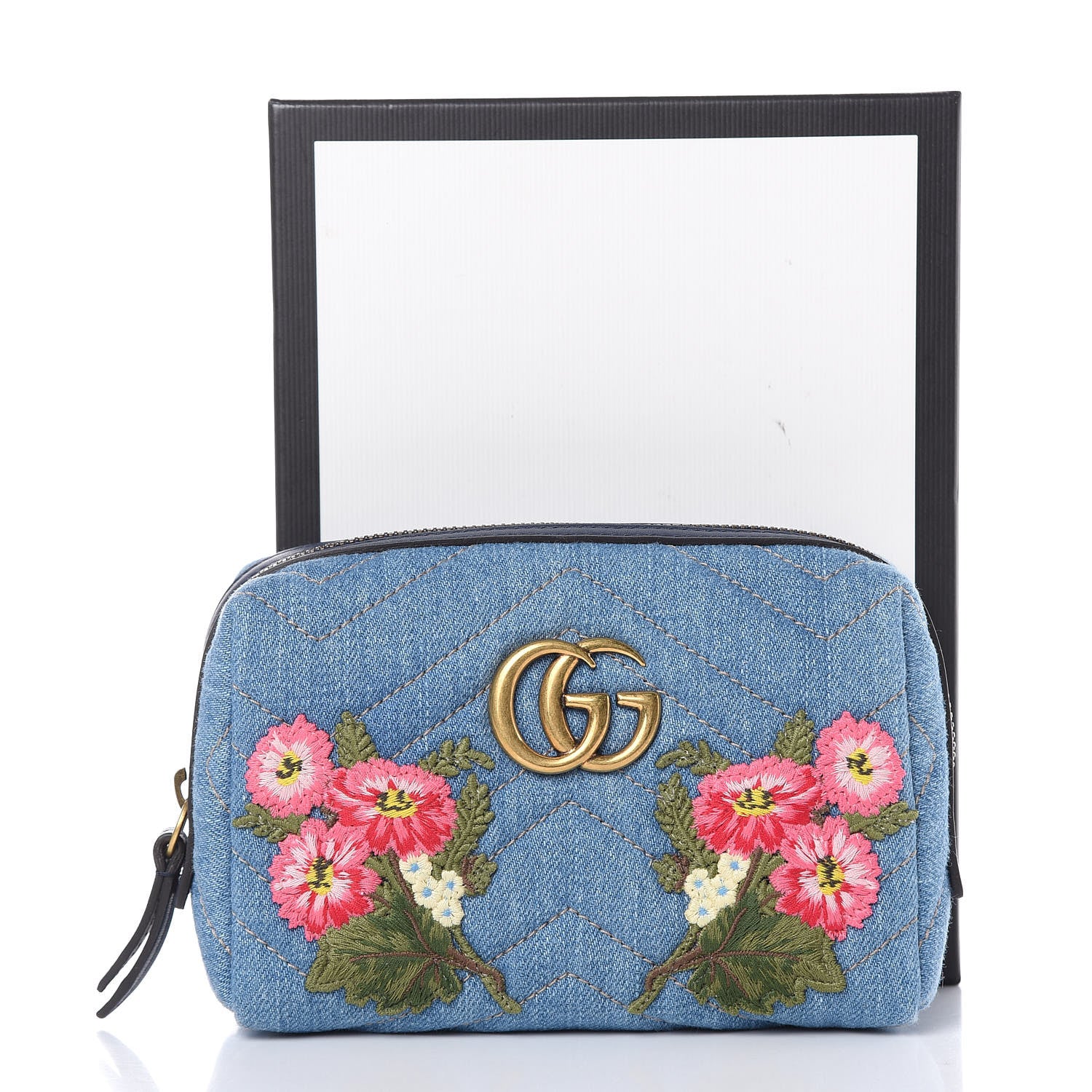 Gucci Denim Matelasse Flower Japan Limited GG Marmont Cosmetic Case Blue 10 of 10