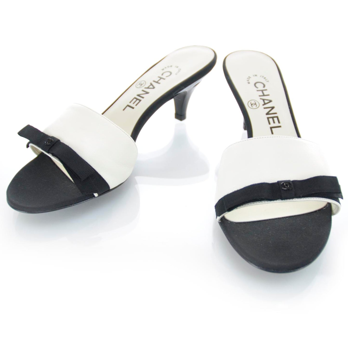 Leather CC Bow Mules 36 Black and White