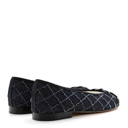 Chanel Denim Embroidered Grosgrain CC Cap Toe Ballerina Flats 38.5 Blue Black 4 of 8
