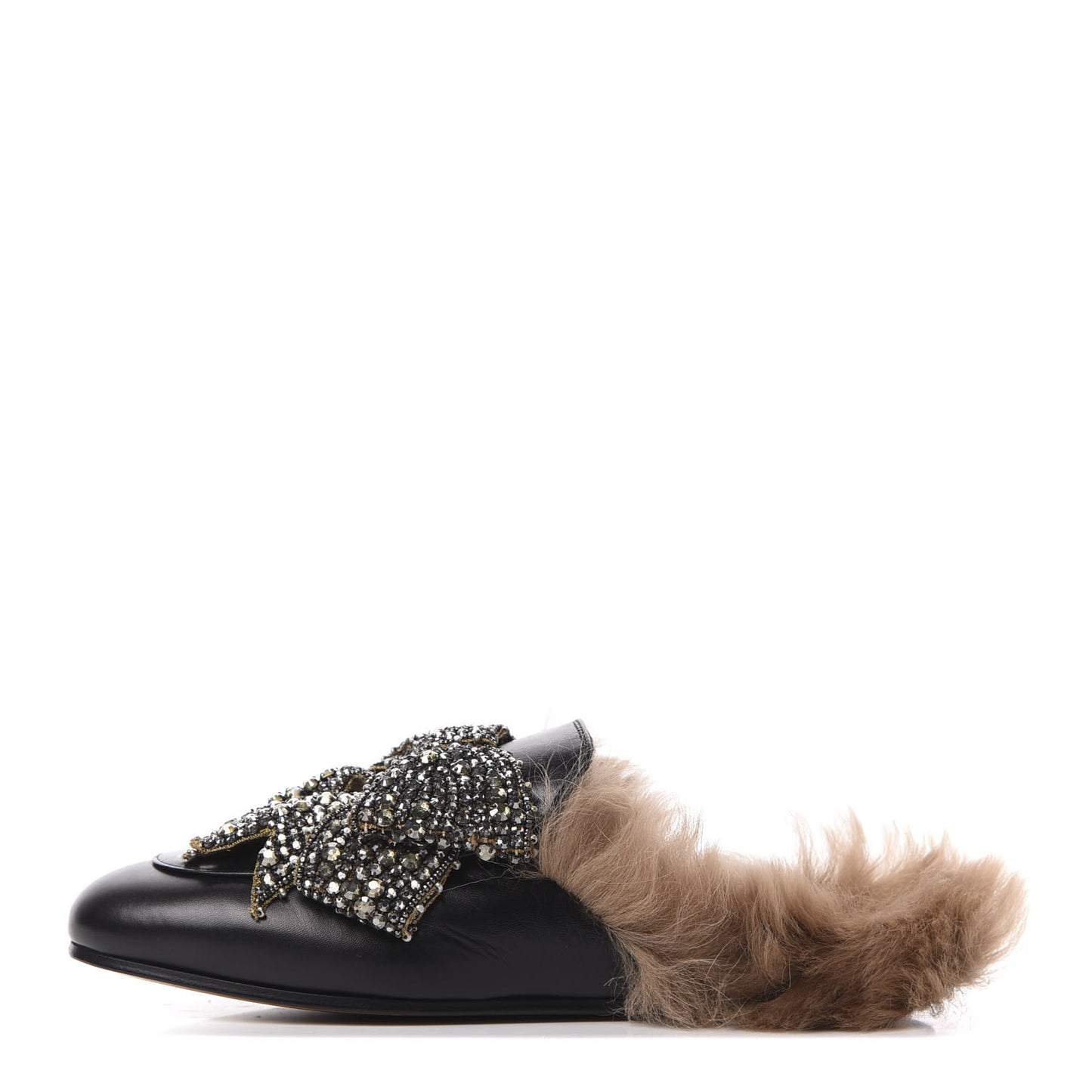 Malaga Kid Fur Crystal Bow Embroidered Womens Princetown Slippers 38 Black