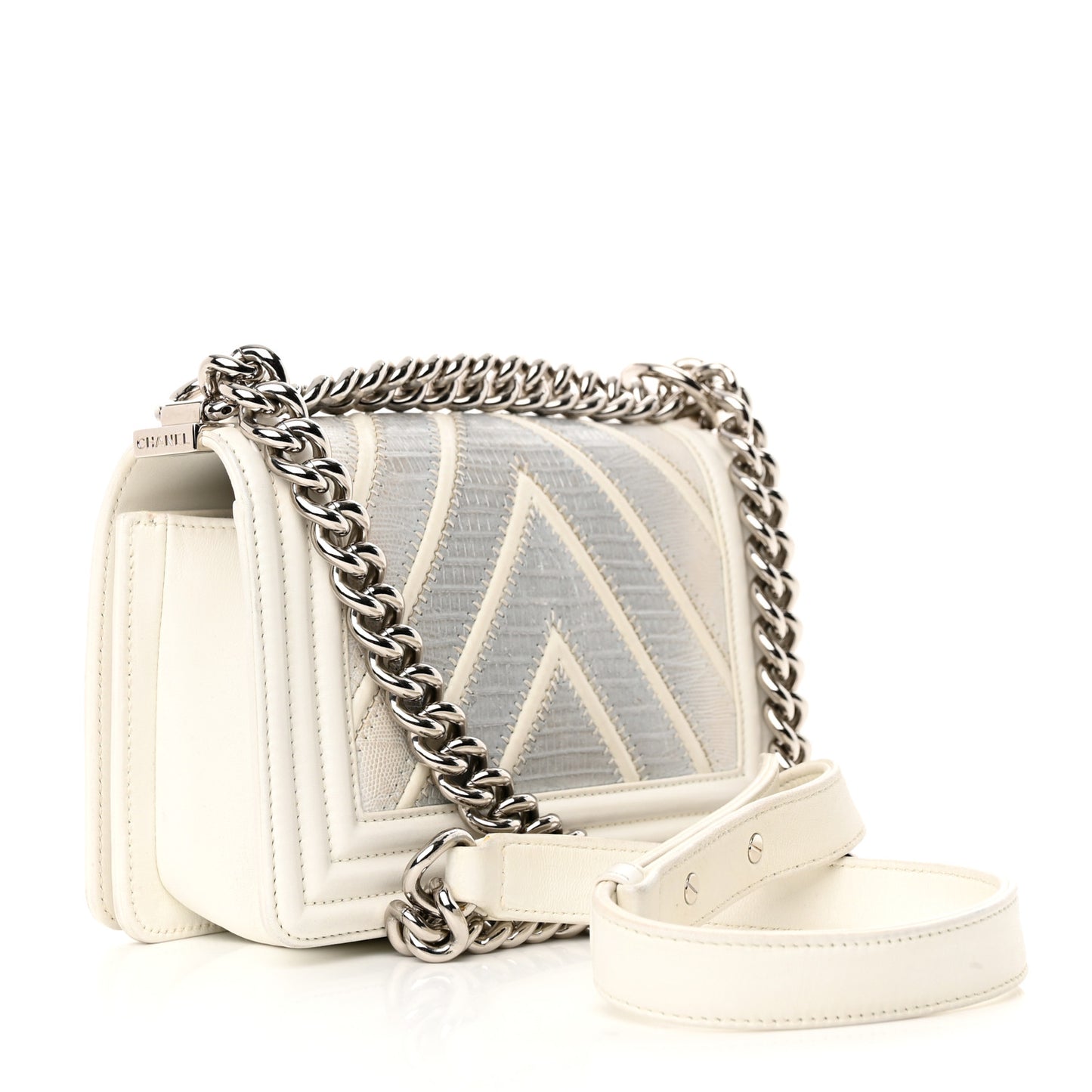 Lizard Chevron Stitched Small Boy Flap White Silver