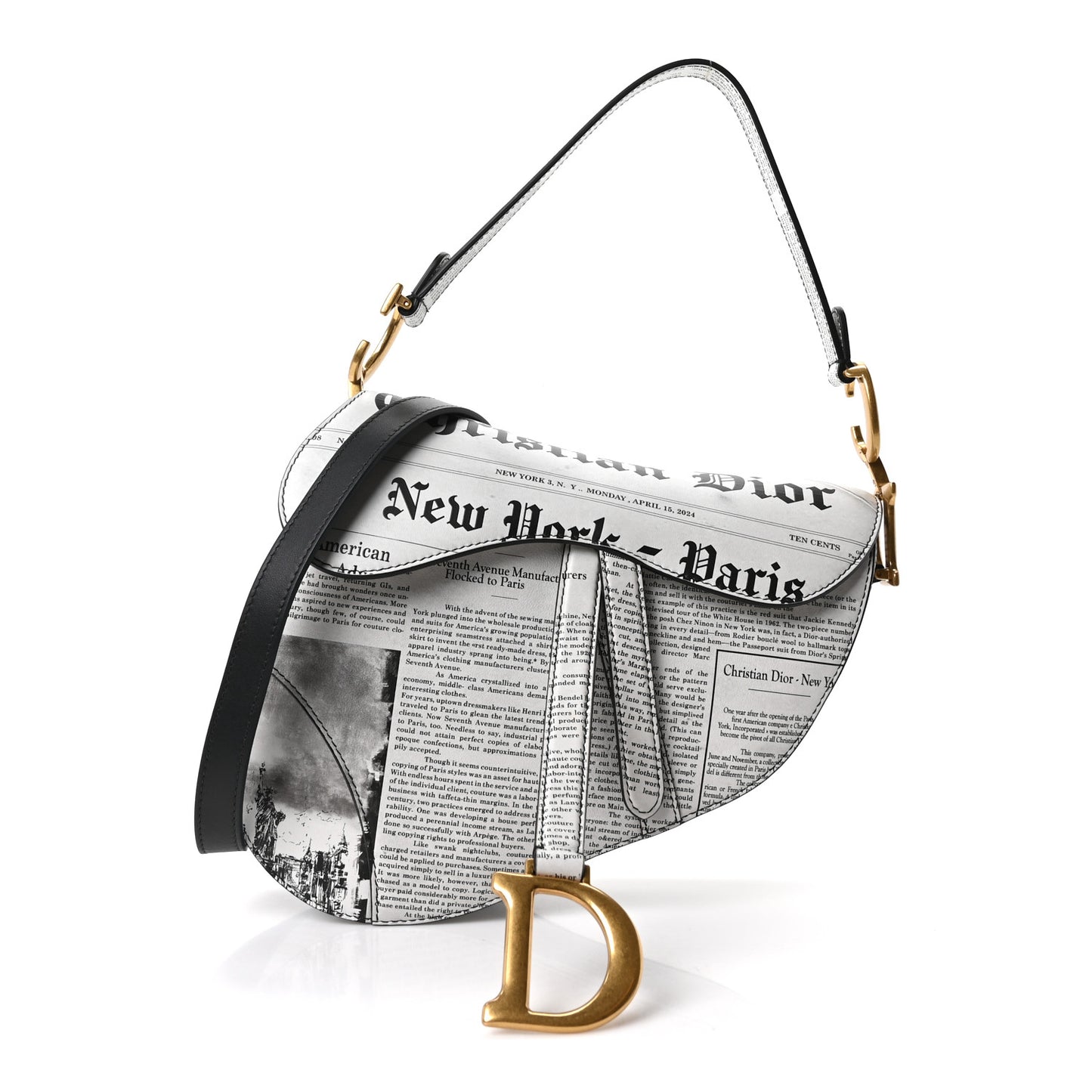 Calfskin Newspaper Printed Saddle Bag With Strap Black White