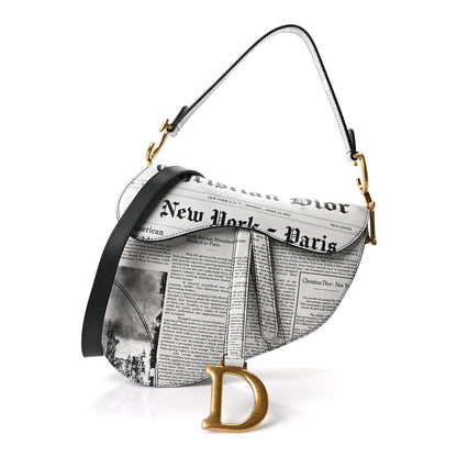 Christian Dior Calfskin Newspaper Printed Saddle Bag With Strap Black White 1 of 9