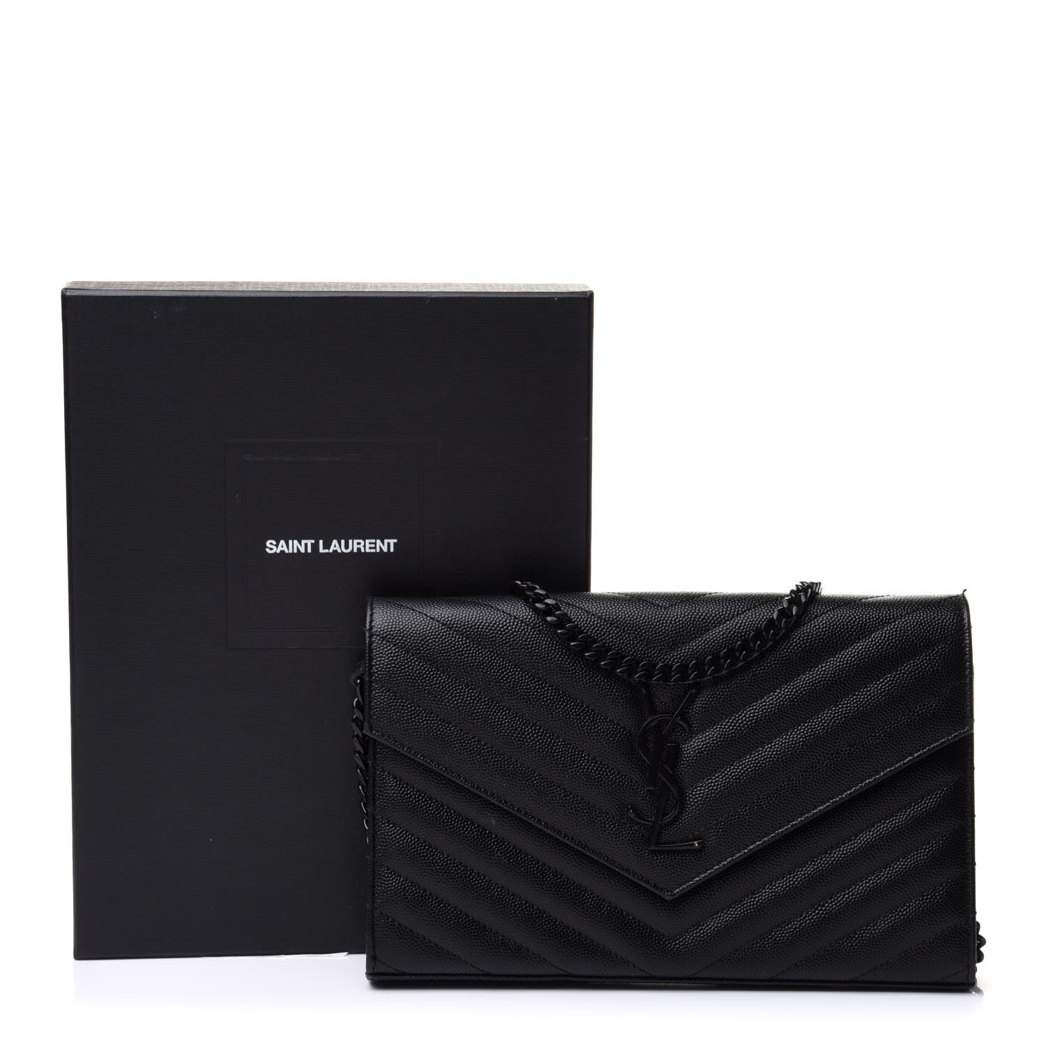 Saint Laurent Grain De Poudre Matelasse Chevron Monogram Chain Wallet Black 13 of 13