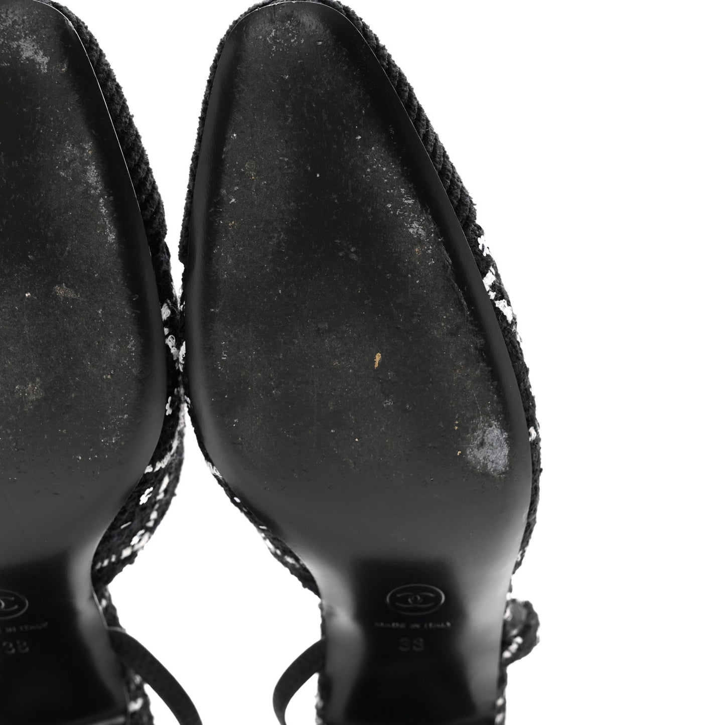 Tweed Sequins Corduroy Cap Toe CC Slingback Pumps 38 Black White