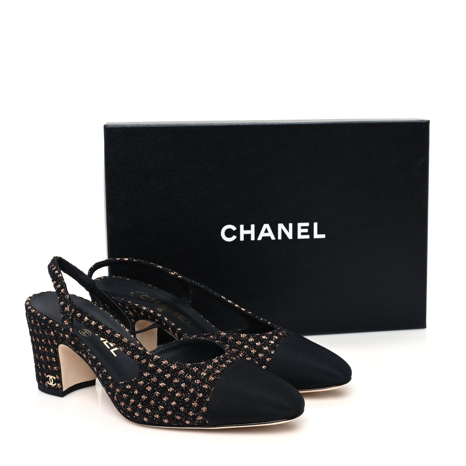 Chanel Iridescent Tweed Grosgrain Cap Toe CC Slingback Pumps