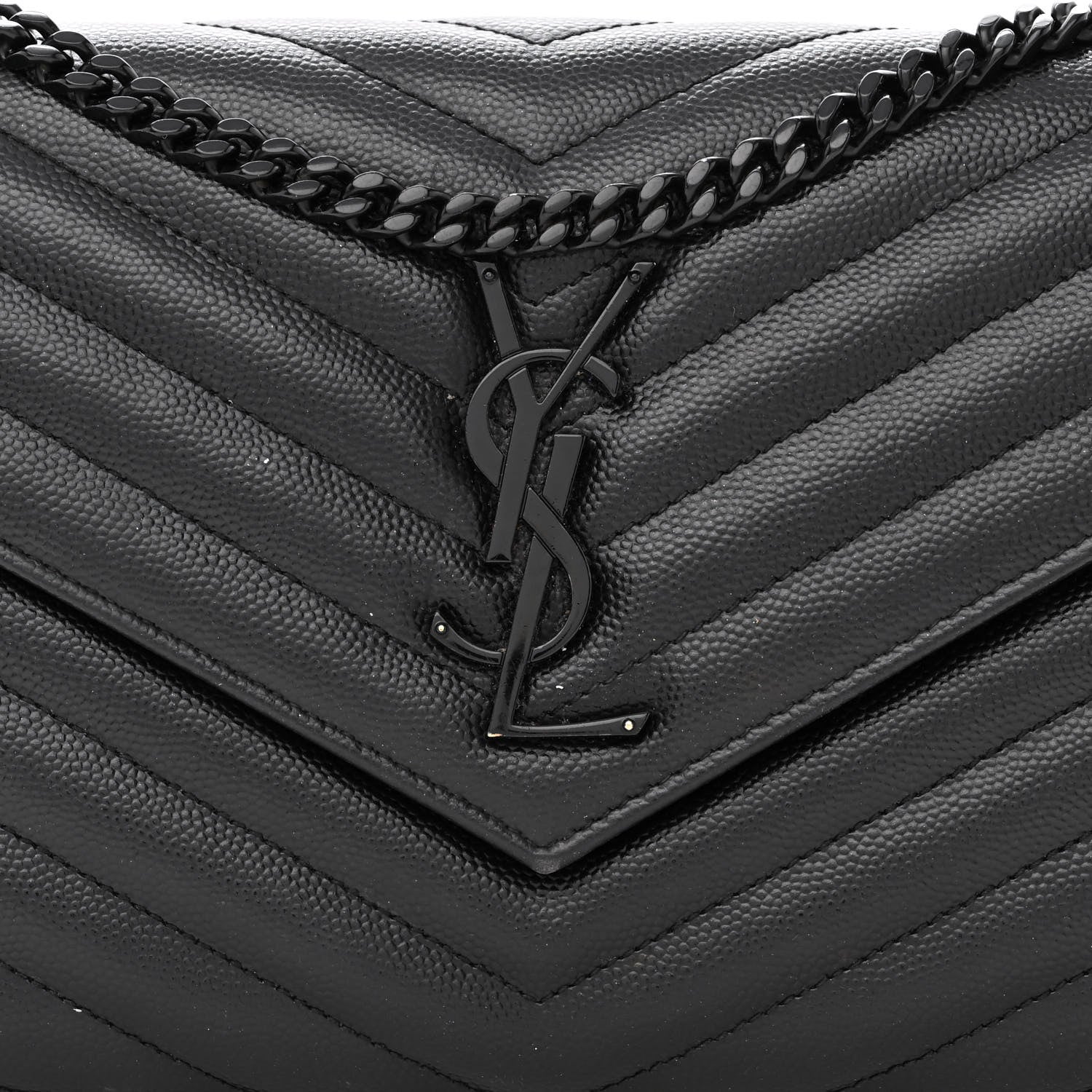 Saint Laurent Grain De Poudre Matelasse Chevron Monogram Monochrome Chain Wallet Black 8 of 13