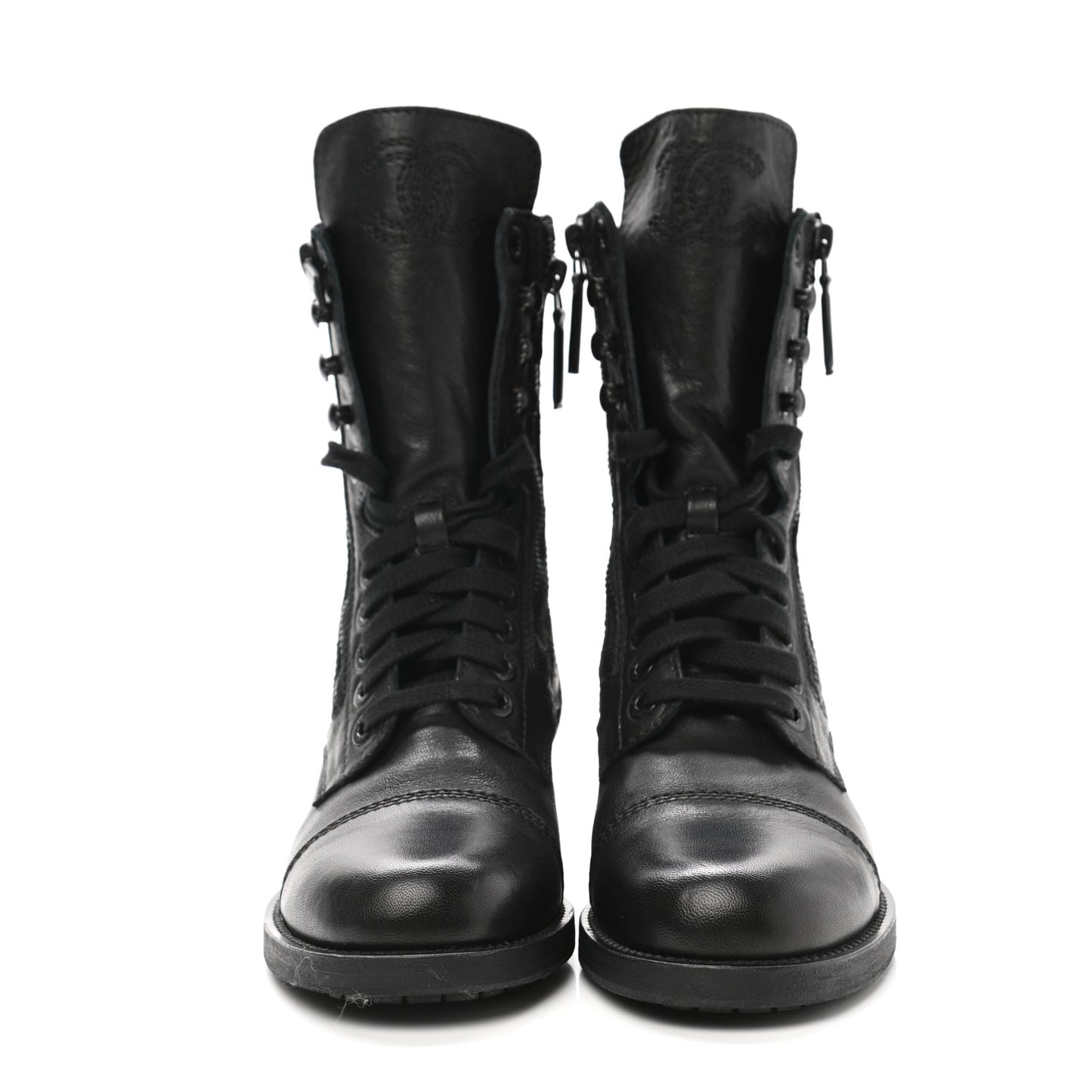 Calfskin Quilted Lace Up Combat Boots 37 Black