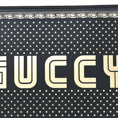 Gucci X SEGA Calfskin GUCCY Stars Zip Wristlet Pouch Black Gold 11 of 11