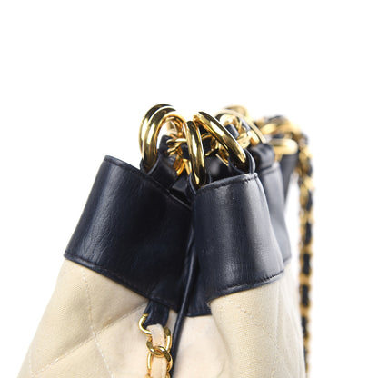 Chanel Lambskin Canvas Quilted CC Drawstring Shoulder Bag Beige Navy 15 of 15