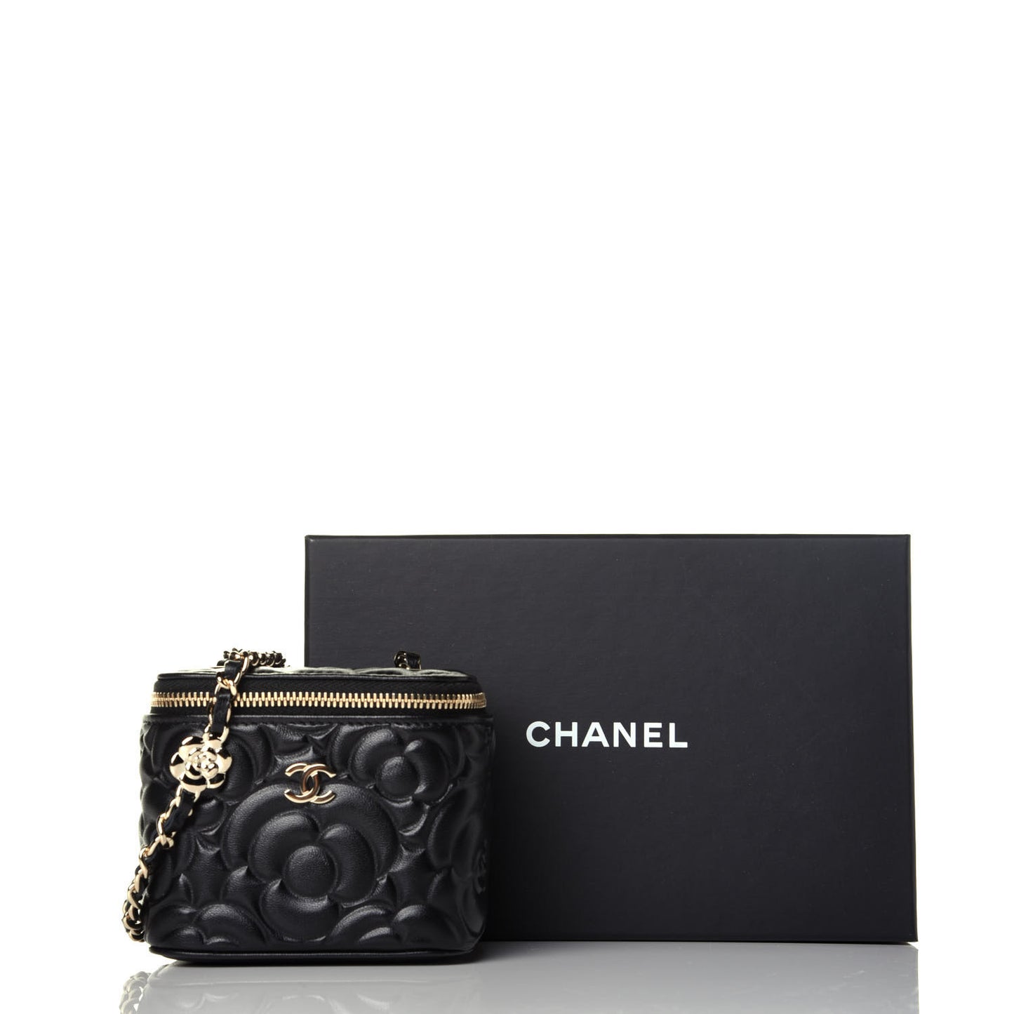 Lambskin Camellia Embossed Mini Vanity Case With Chain Black