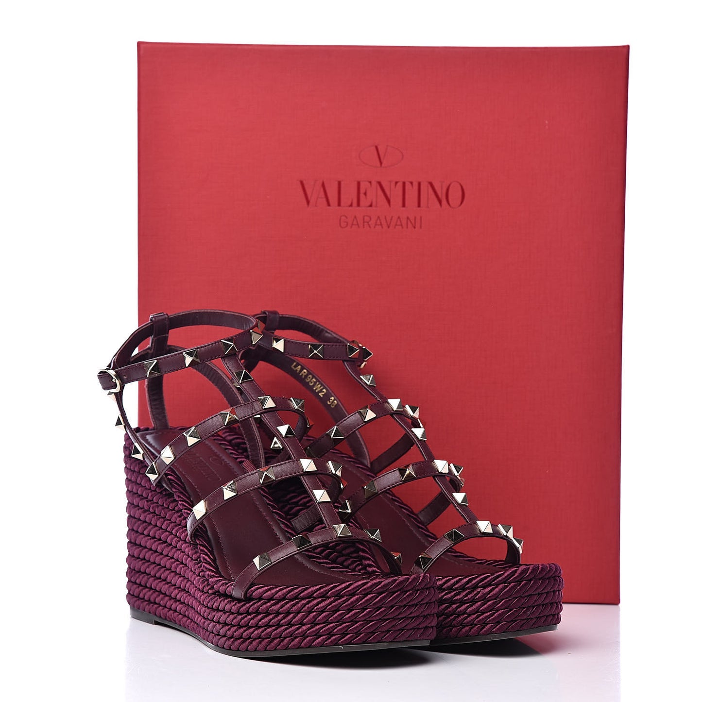 Calfskin Rockstud Ankle Strap Torchon Espadrille Caged 25/95mm Wedge Sandals 38 Rubin
