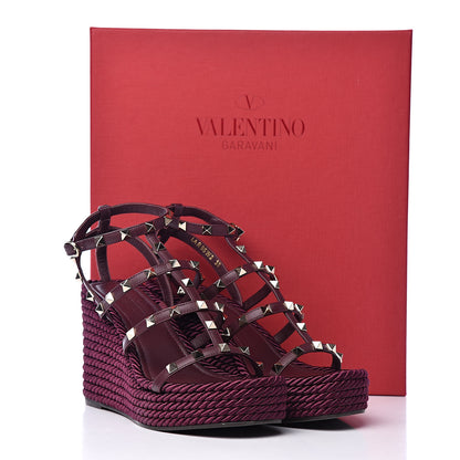 Valentino Garavani Calfskin Rockstud Ankle Strap Torchon Espadrille Caged 25/95mm Wedge Sandals 38 Rubin 13 of 13