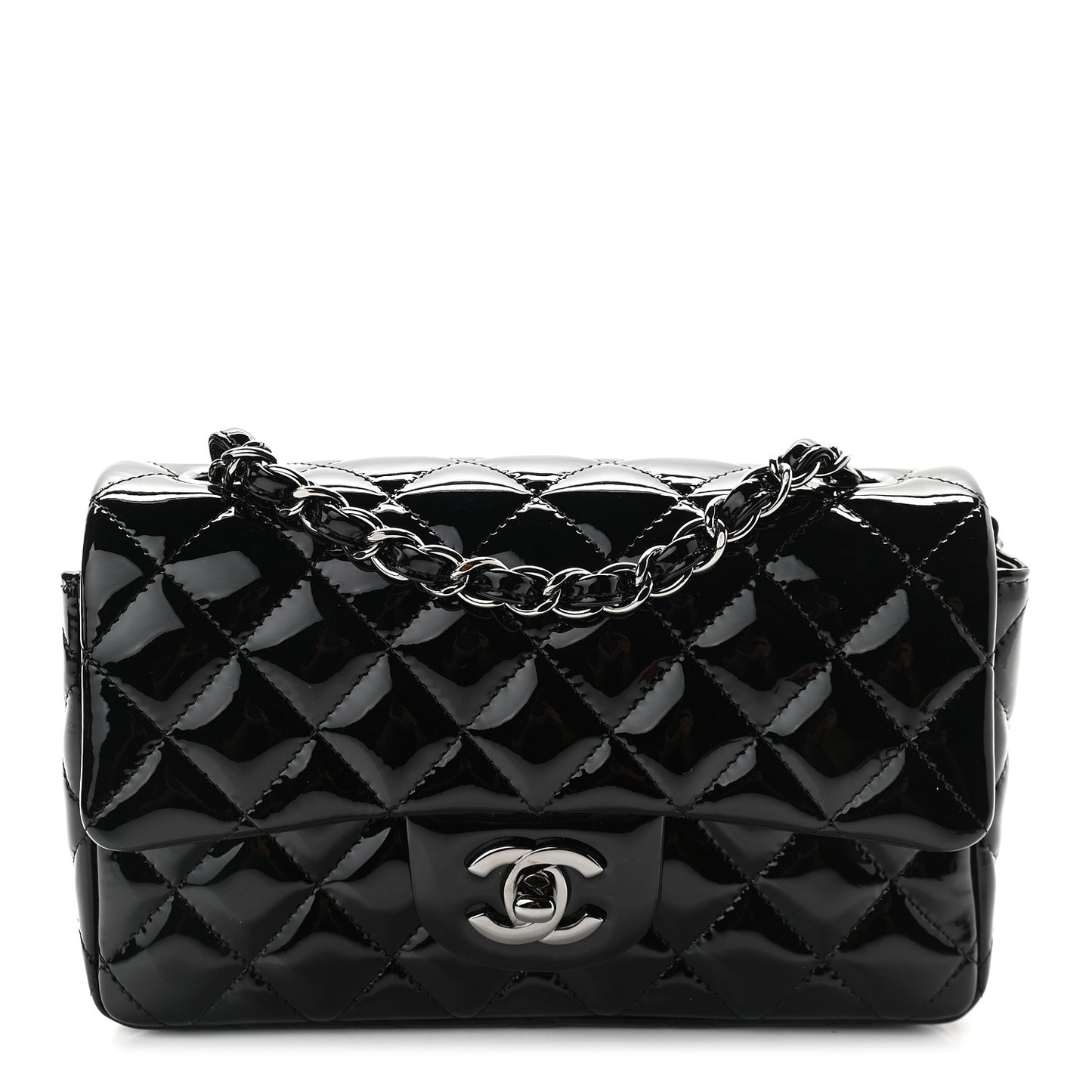 Patent Calfskin Quilted Mini Rectangular Flap Black