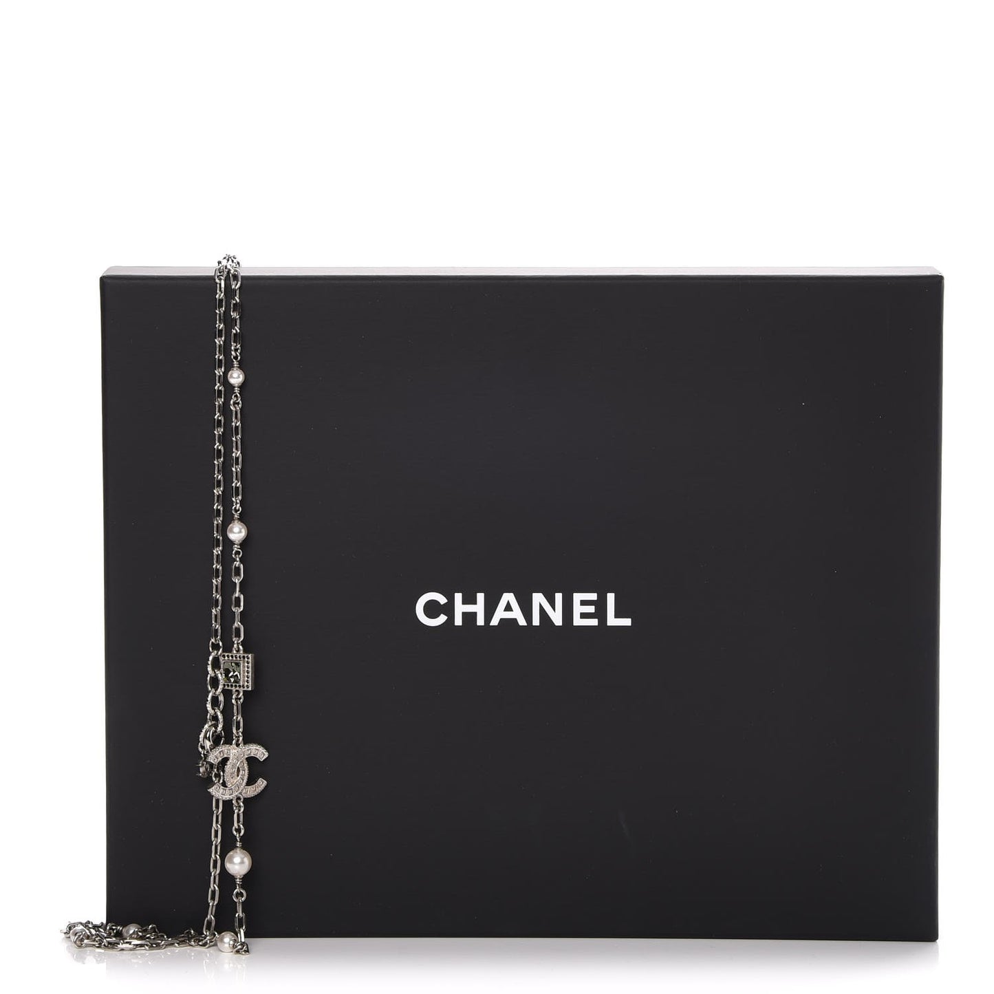 Pearl Crystal Baguette CC Long Necklace Silver
