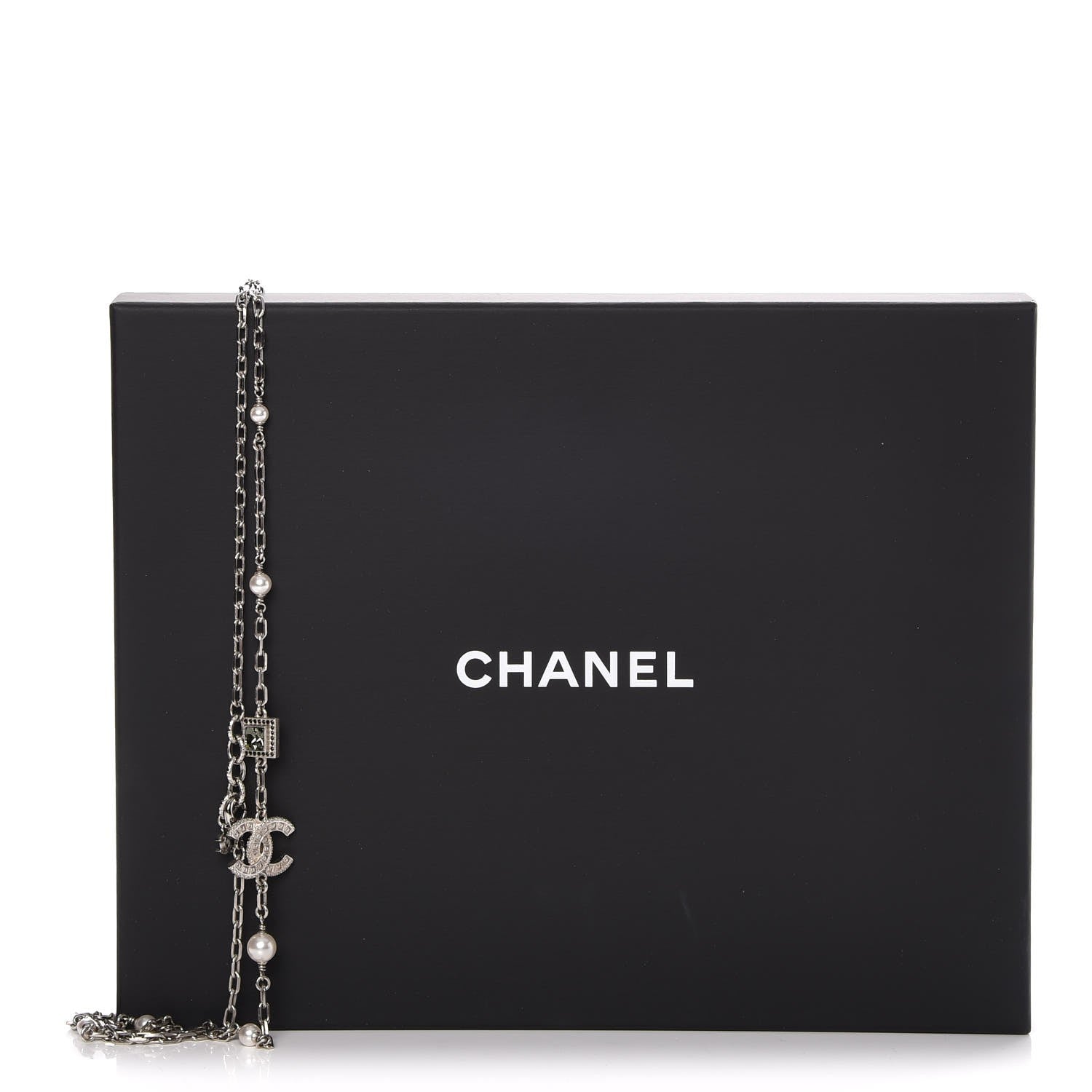 Chanel Pearl Crystal Baguette CC Long Necklace Silver 7 of 7