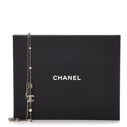 Chanel Pearl Crystal Baguette CC Long Necklace Silver 7 of 7