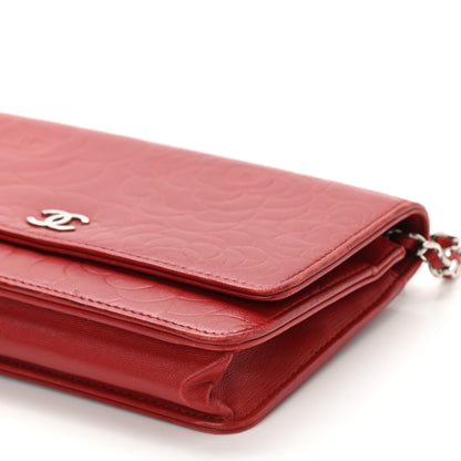 Chanel Lambskin Camellia Embossed Wallet On Chain WOC Red 11 of 13