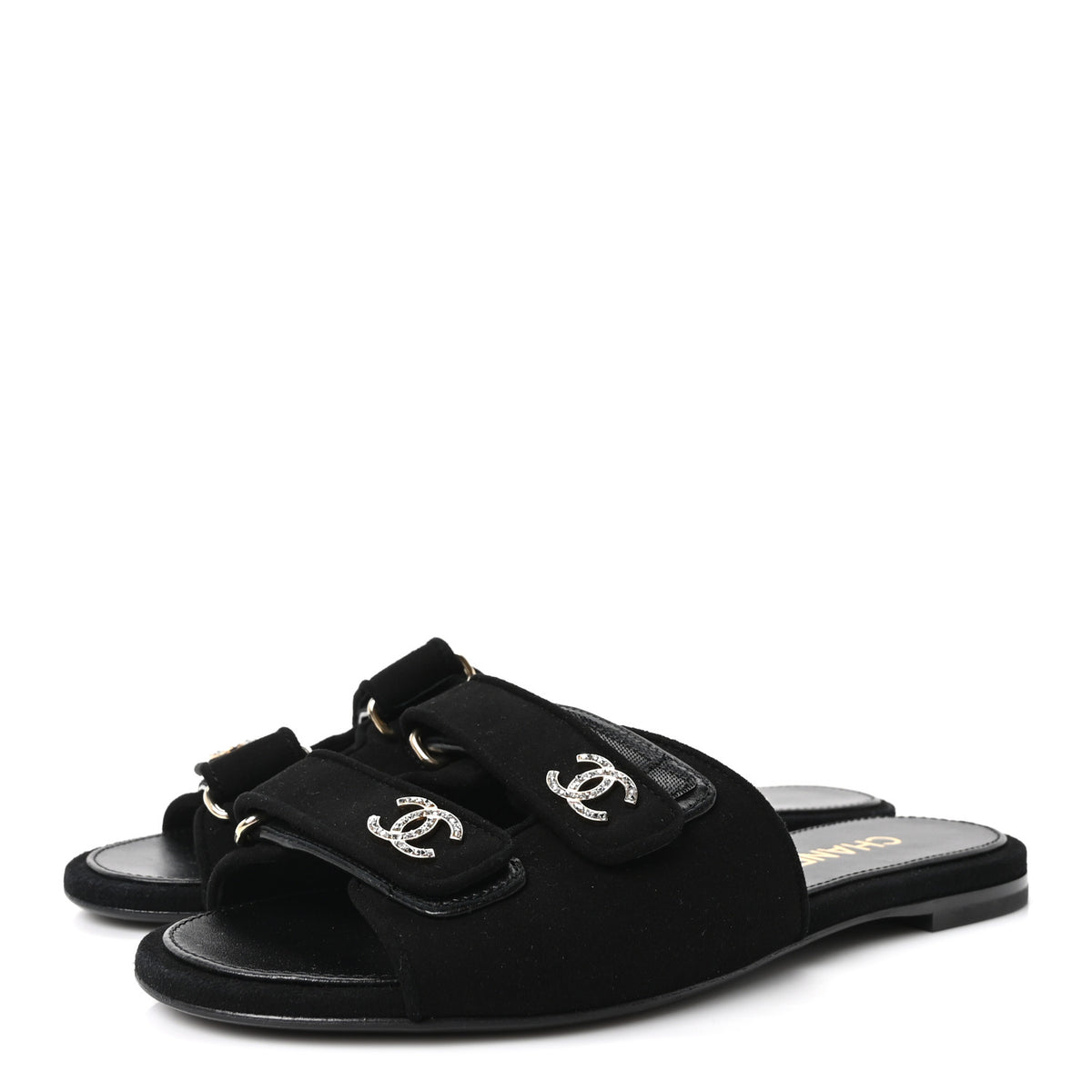 Chanel Suede Kidskin Velcro Crystal CC Mules 39 Black 4 of 9