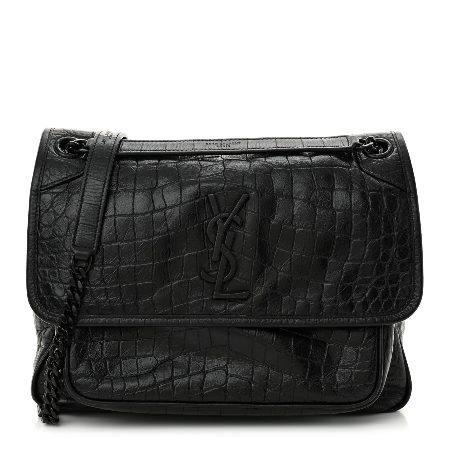 Crocodile Embossed Lambskin Monogram Medium Niki Chain Satchel Black