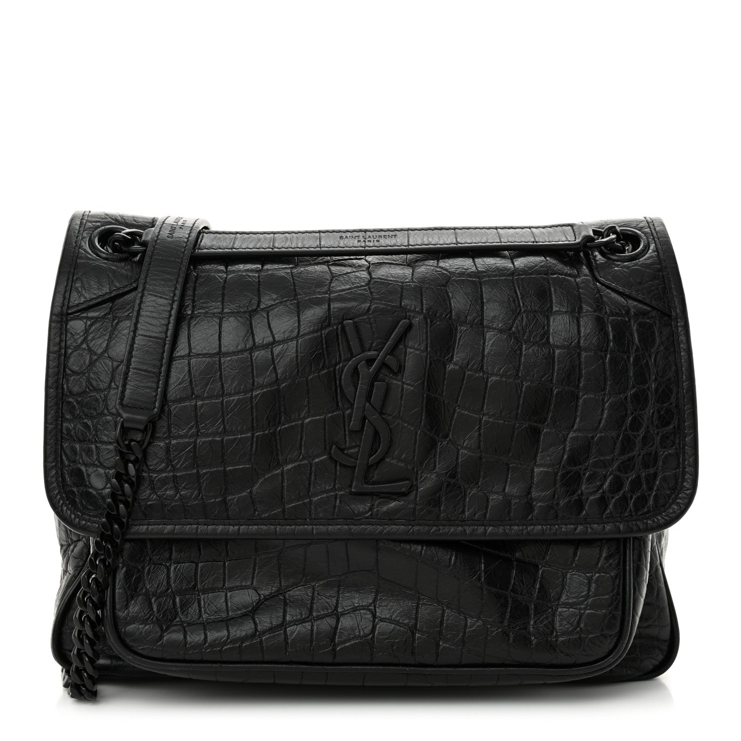 Saint Laurent Crocodile Embossed Lambskin Monogram Medium Niki Chain Satchel Black 1 of 11