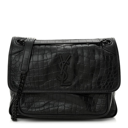 Saint Laurent Crocodile Embossed Lambskin Monogram Medium Niki Chain Satchel Black 1 of 11