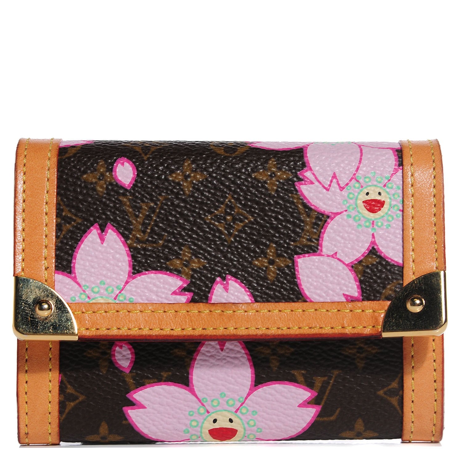 Louis Vuitton Monogram Cherry Blossom Porte-Monnaie Plat Coin Purse Brown 1 of 8