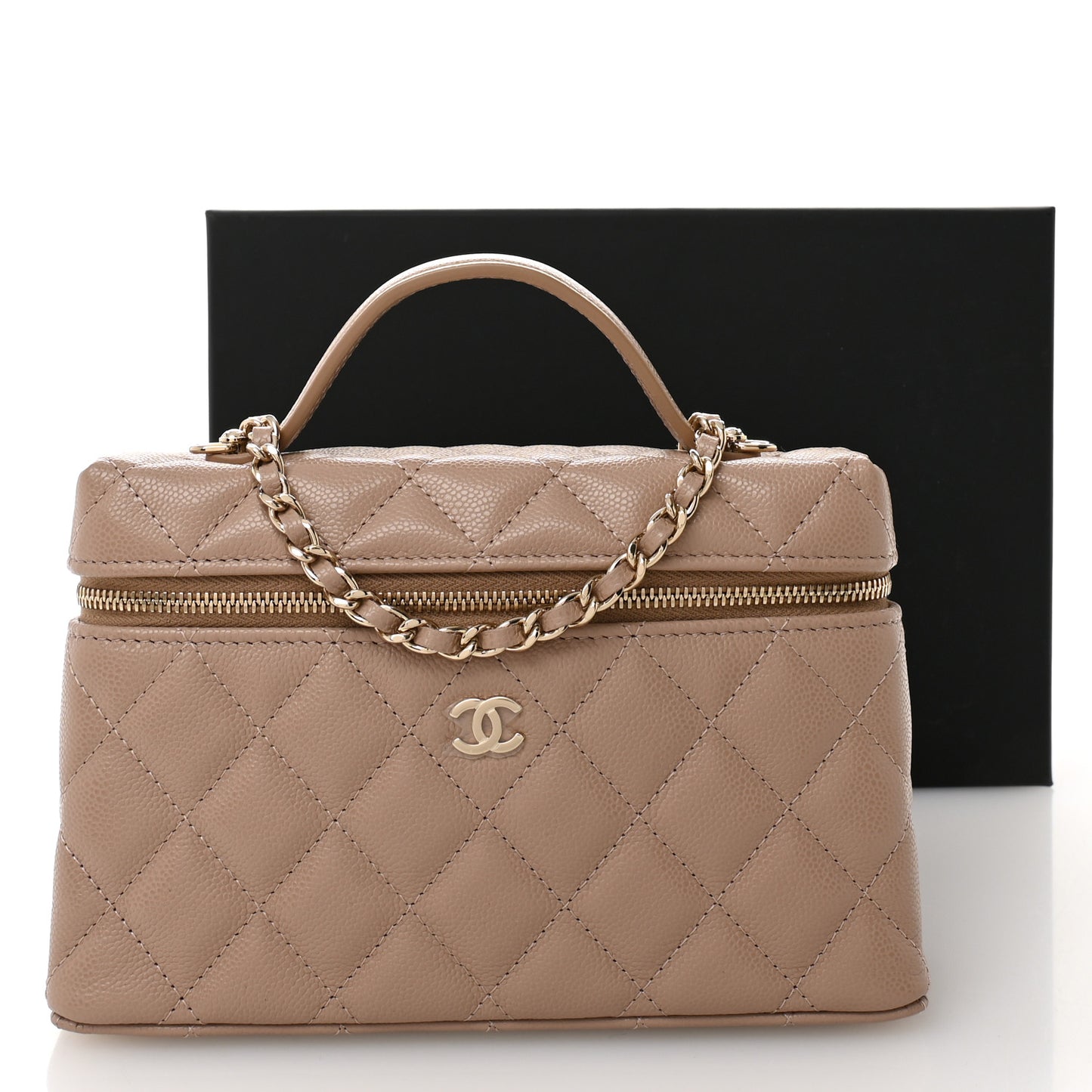 Caviar Quilted Top Handle Slim Vanity With Chain Dark Beige