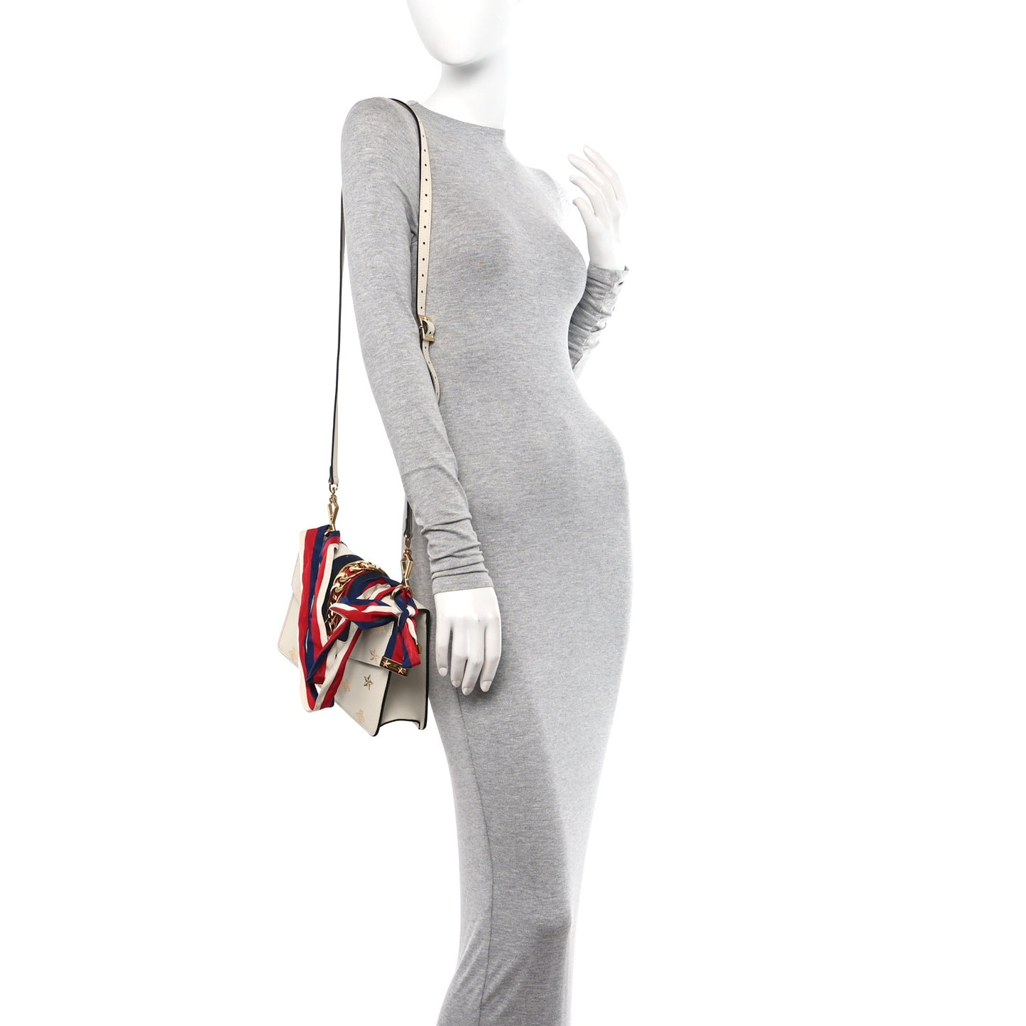 Textured Calfskin Bee Star Print Small Sylvie Shoulder Bag Mystic White