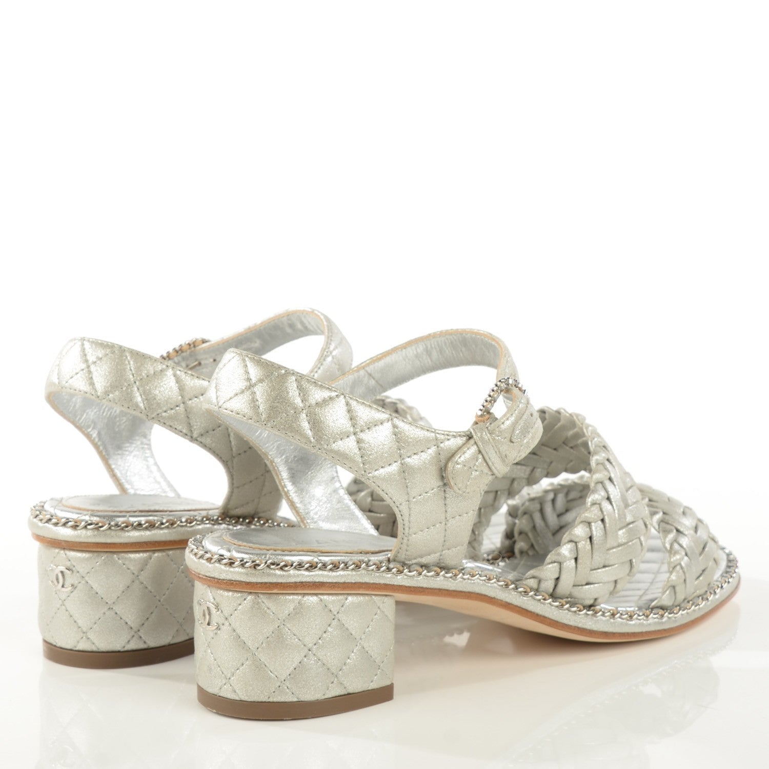 Chanel Metallic Goatskin Quilted Chain Sandals 37 Silver 4 of 8