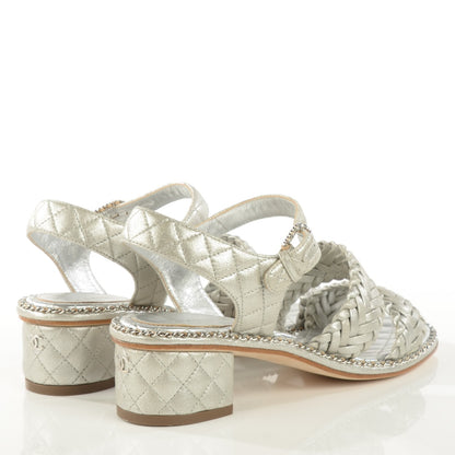 Chanel Metallic Goatskin Quilted Chain Sandals 37 Silver 4 of 8
