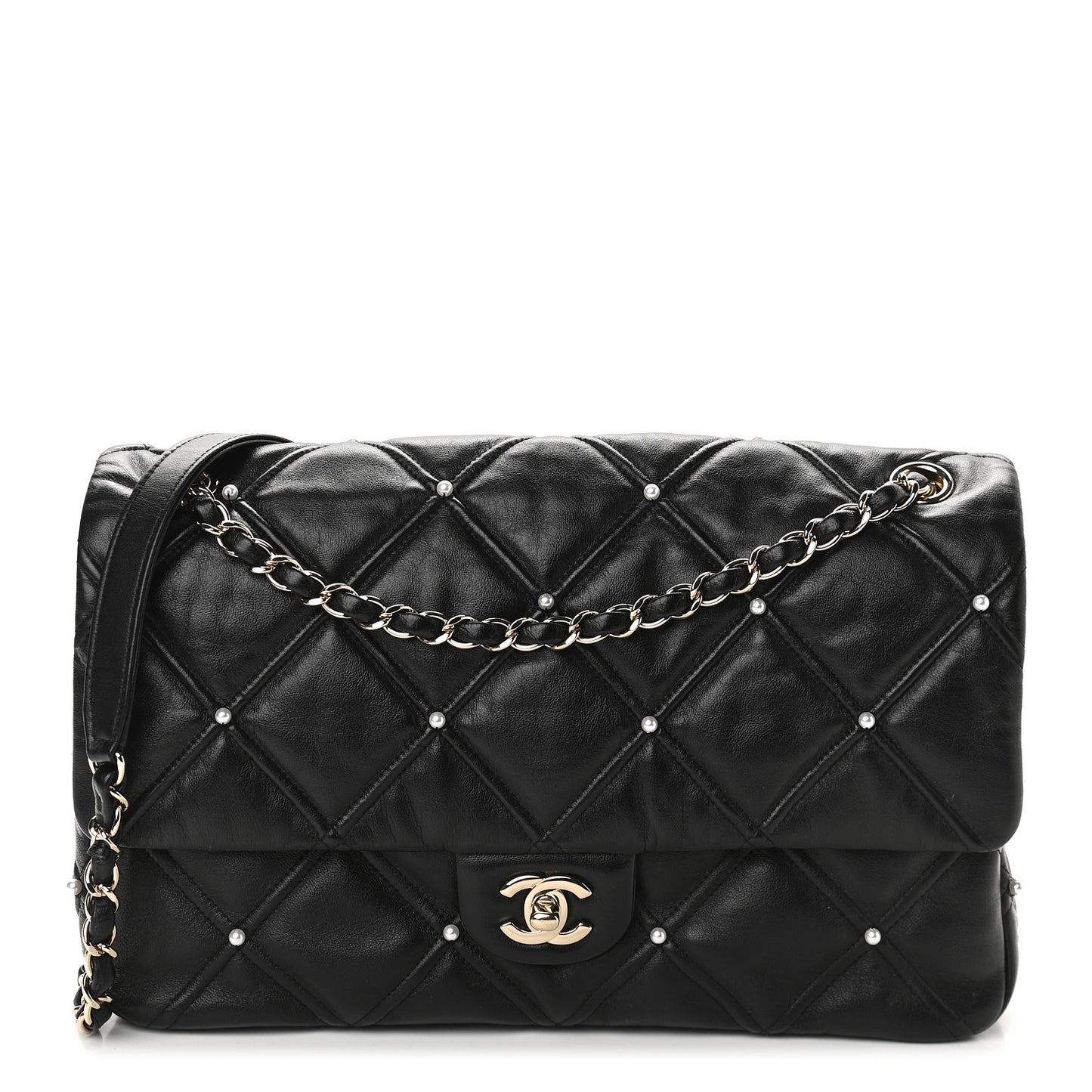 Lambskin Quilted Pearl Studded Flap Black