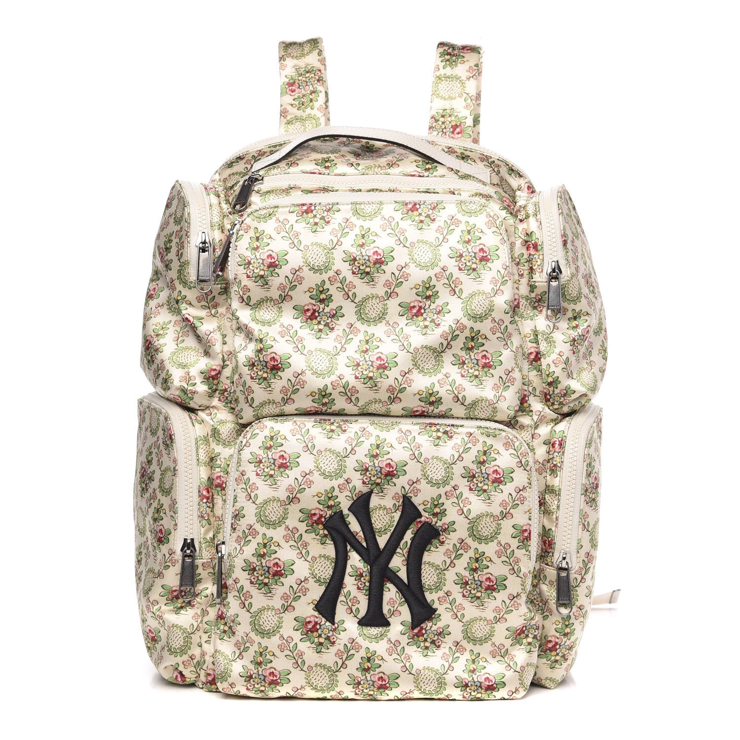 Gucci X MLB Satin Floral Print NY Yankees Patch Backpack Ivory Green 1 of 10