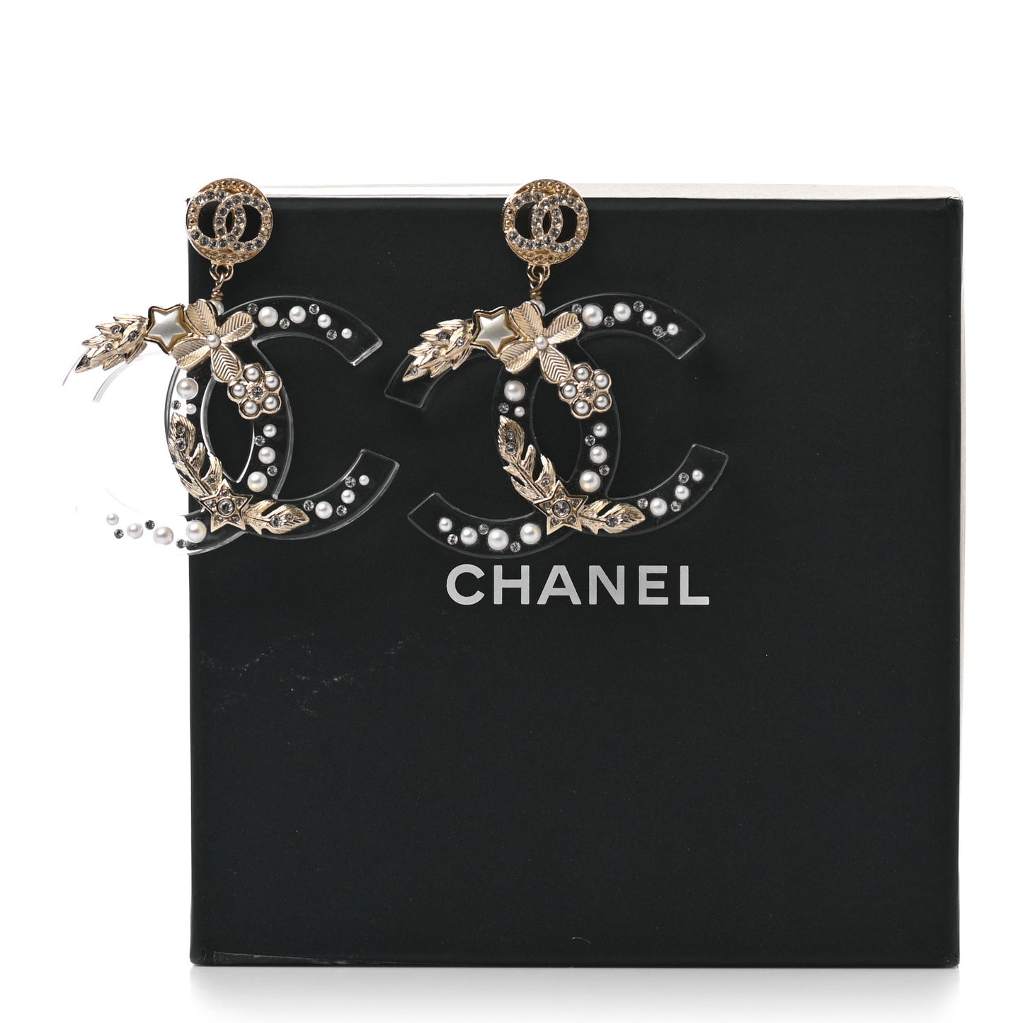 Crystal Pearl Resin CC Drop Earrings Gold