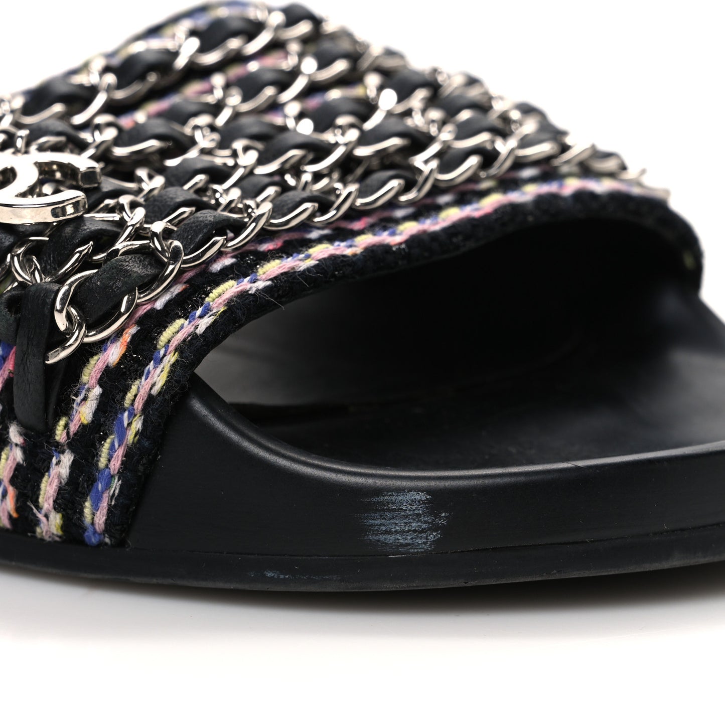 Tweed Lambskin Chain Flat Sandals 37 Black Multicolor
