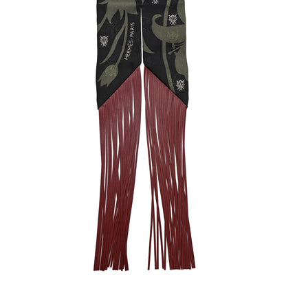 Hermes Silk Calfskin Bouquet Final Fringed Twilly Vert Loden Black 2 of 4