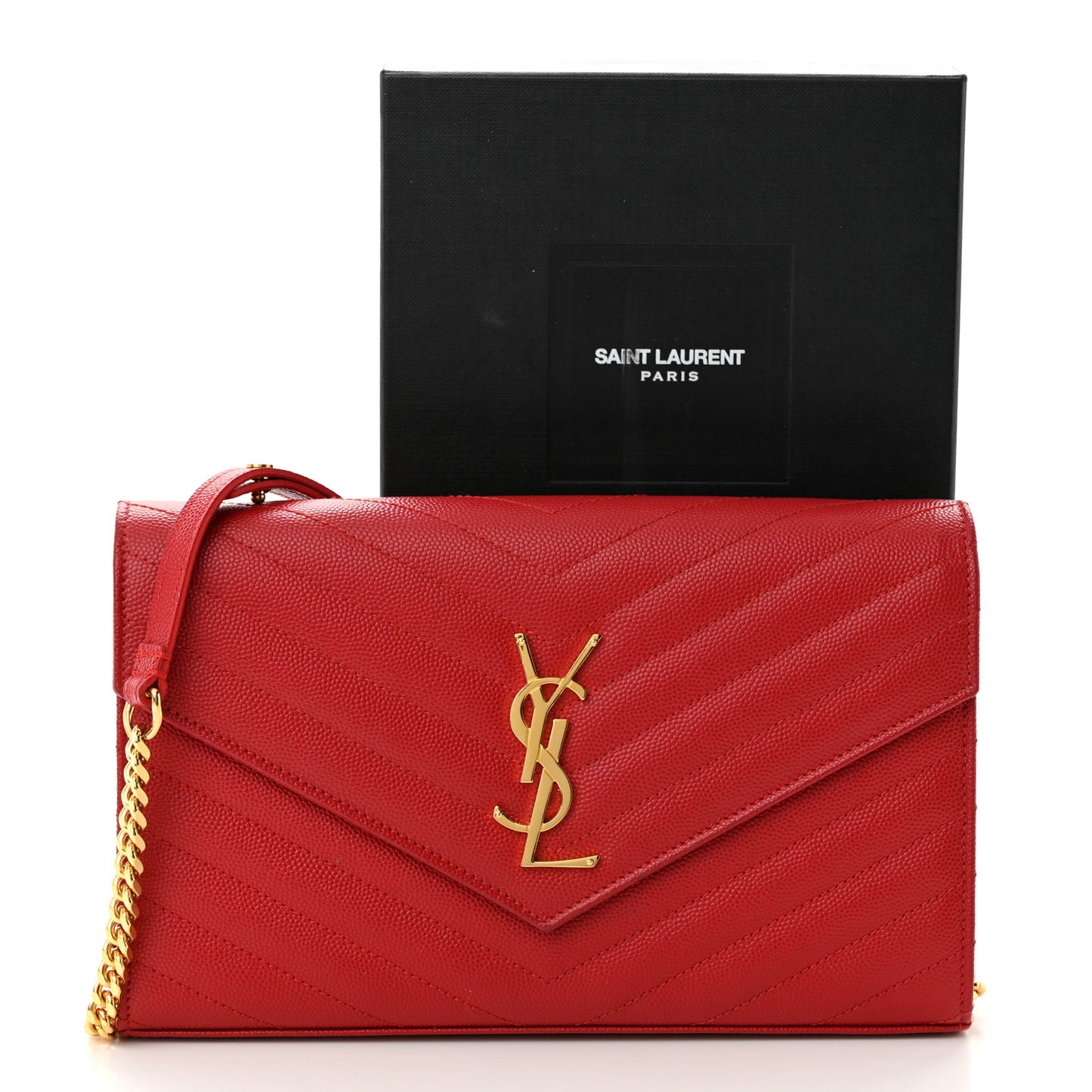 Grain De Poudre Matelasse Chevron Monogram Chain Wallet Red
