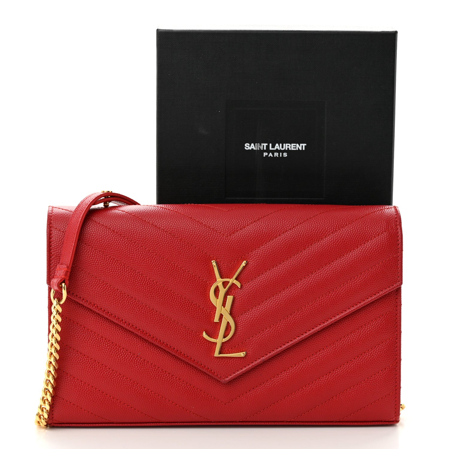 Saint Laurent Grain De Poudre Matelasse Chevron Monogram Chain Wallet Red 11 of 11