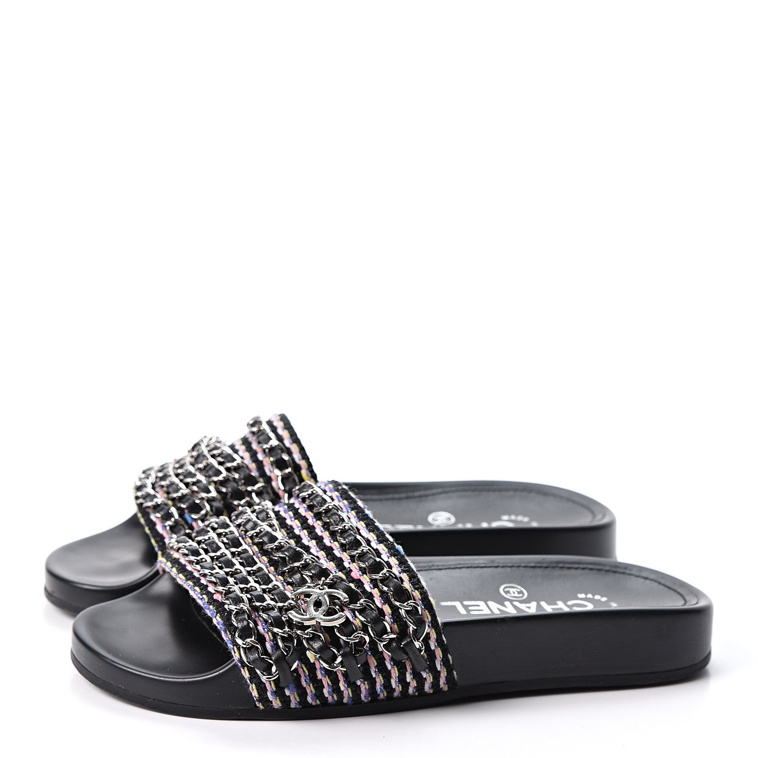 Chanel Tweed Lambskin Chain Flat Sandals 34 Black Multicolor 3 of 10