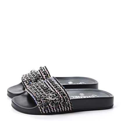 Chanel Tweed Lambskin Chain Flat Sandals 34 Black Multicolor 3 of 10