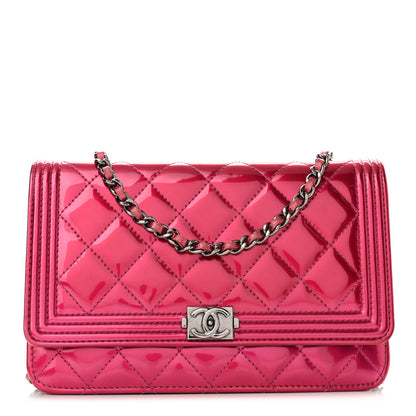 Chanel Metallic Patent Calfskin Quilted Boy Wallet On Chain WOC Fuchsia 1 of 11