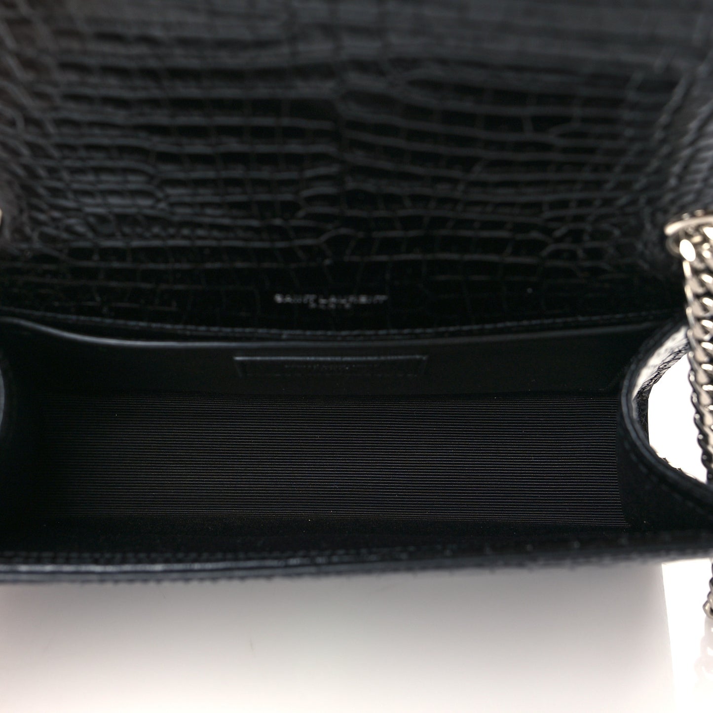 Calfskin Crocodile Embossed Small Classic Monogram Kate Tassel Satchel Black