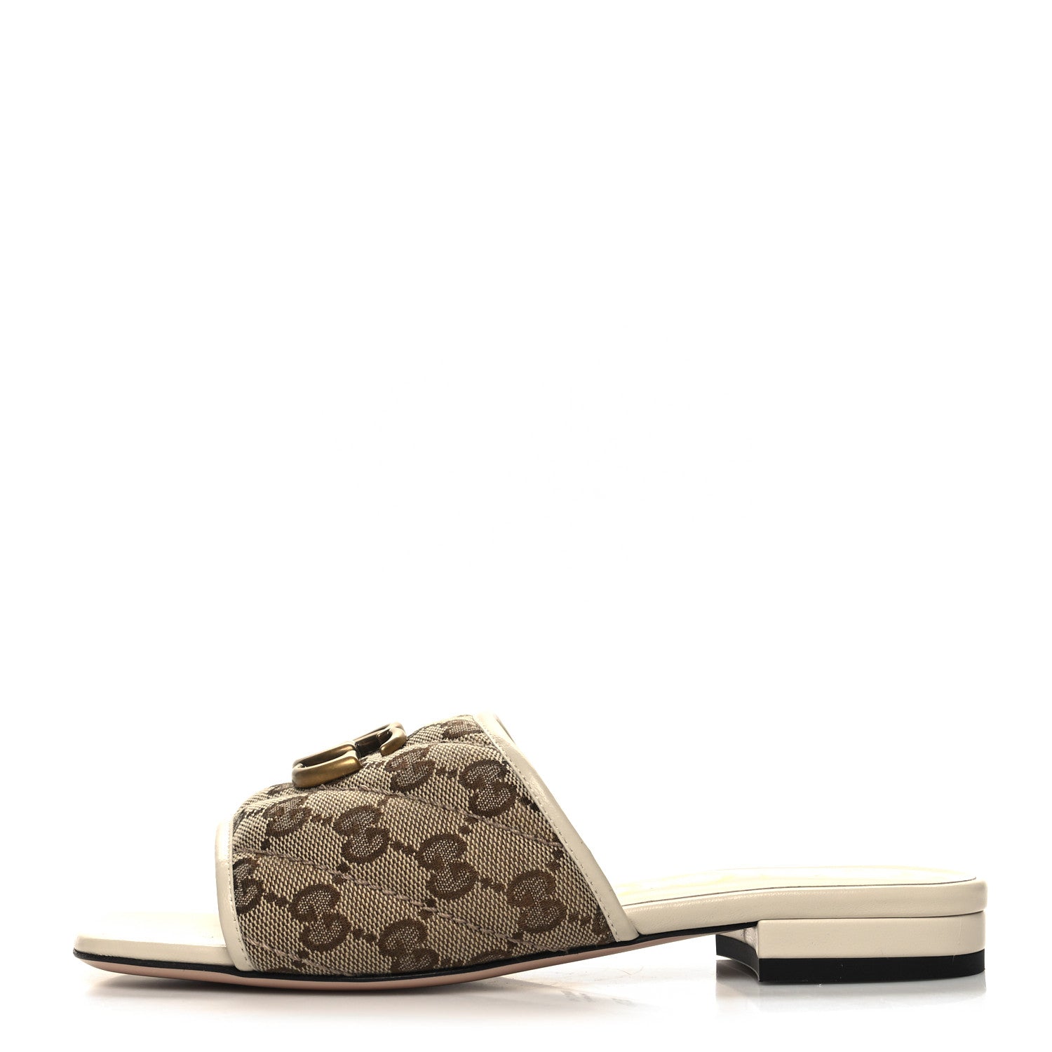 Gucci Monogram Matelasse Diagonal GG Marmont Flat Slide Sandals 35.5 Beige Ebony Mystic White 1 of 9