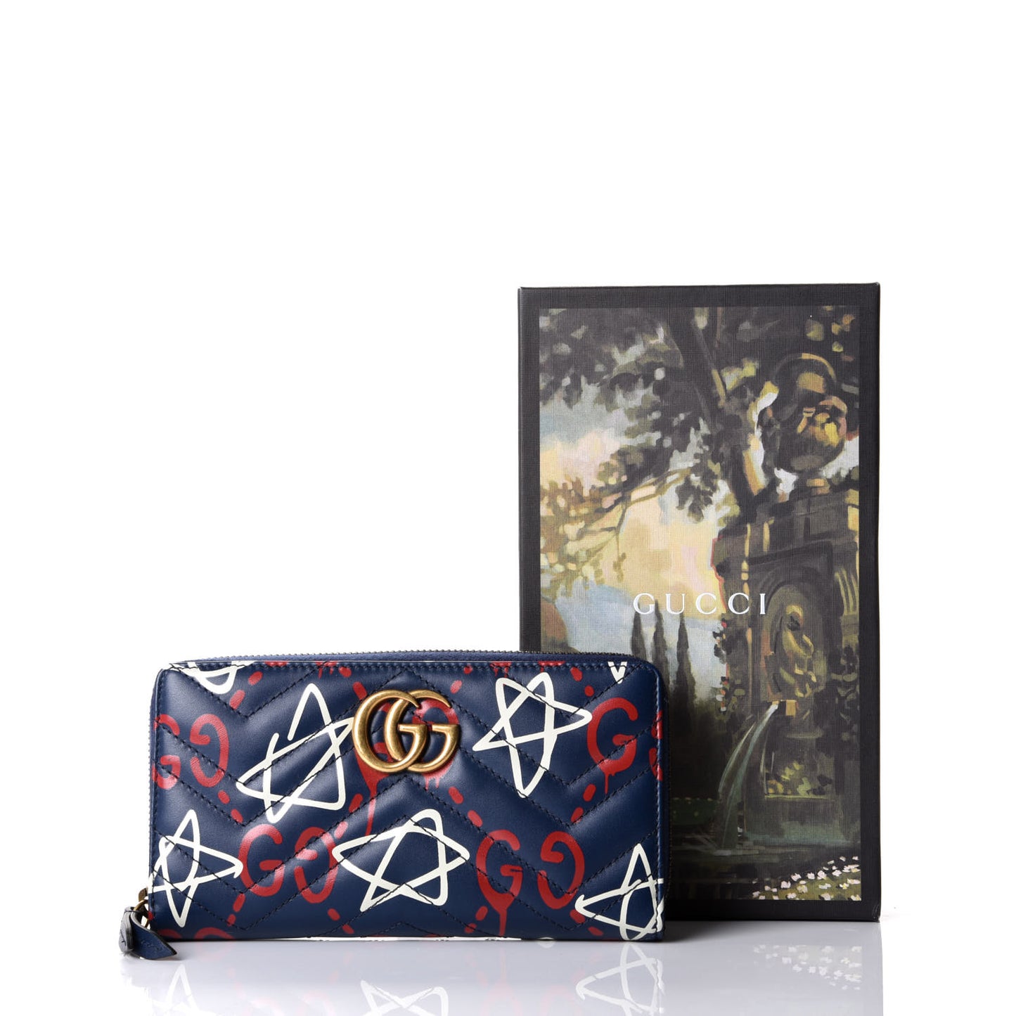 Calfskin Matelasse GucciGhost GG Marmont Zip Around Wallet Blue Agata Hibiscus Red