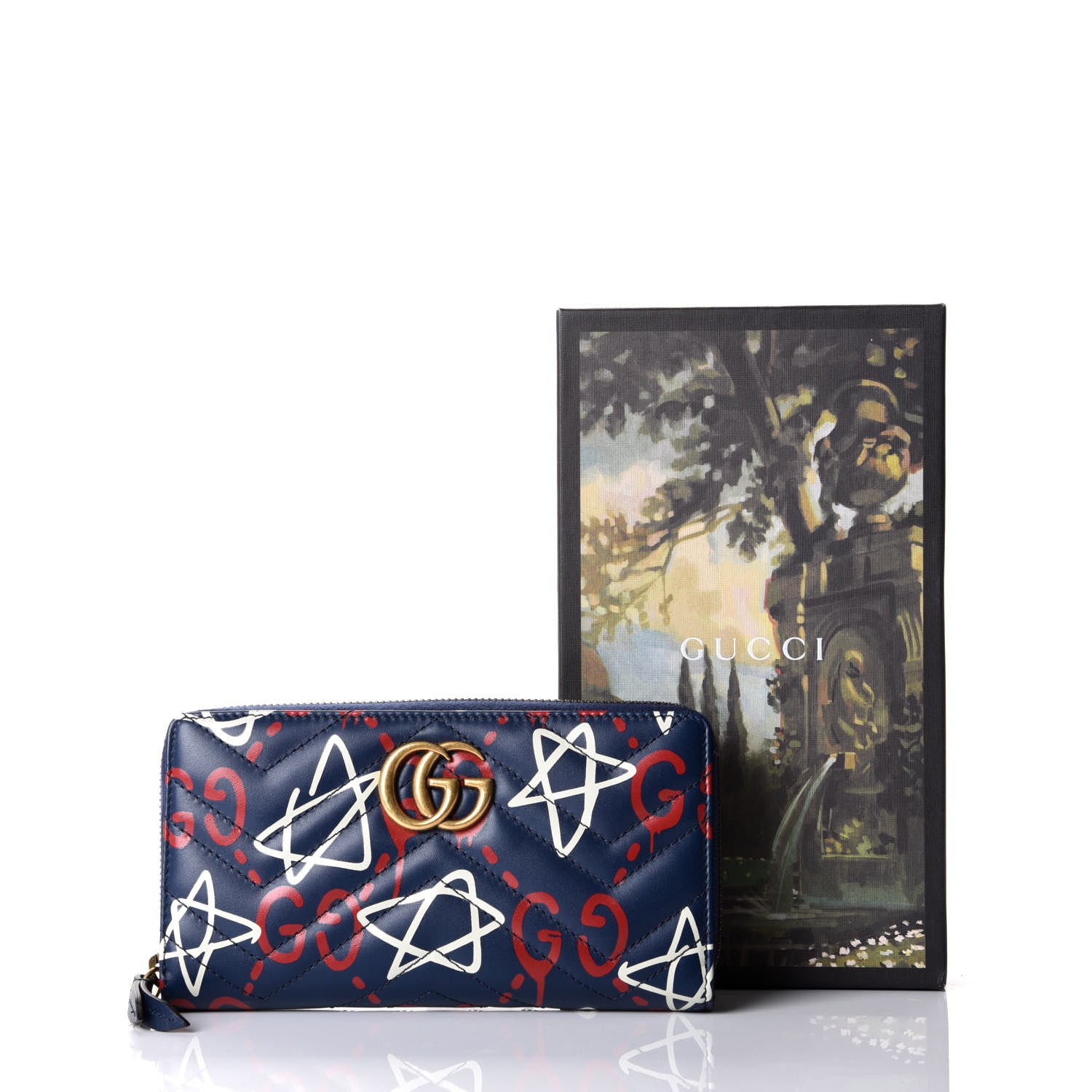 Gucci Calfskin Matelasse GucciGhost GG Marmont Zip Around Wallet Blue Agata Hibiscus Red 8 of 8