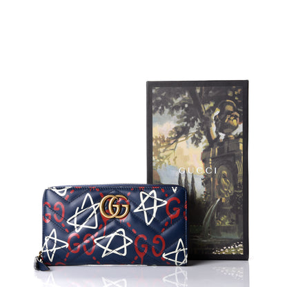 Gucci Calfskin Matelasse GucciGhost GG Marmont Zip Around Wallet Blue Agata Hibiscus Red 8 of 8