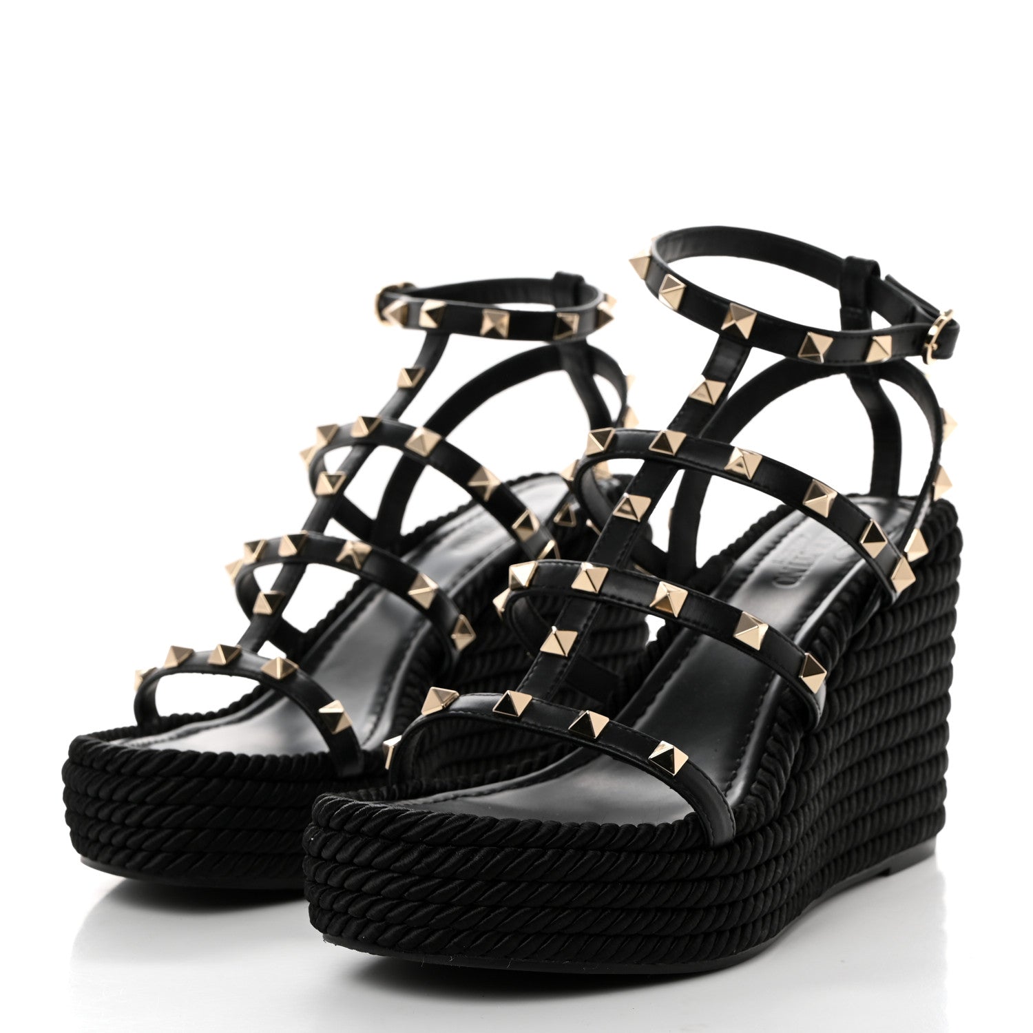 Valentino Garavani Calfskin Rockstud Ankle Strap Torchon Espadrille Caged 25/95mm Wedge Sandals 38 Black 3 of 9